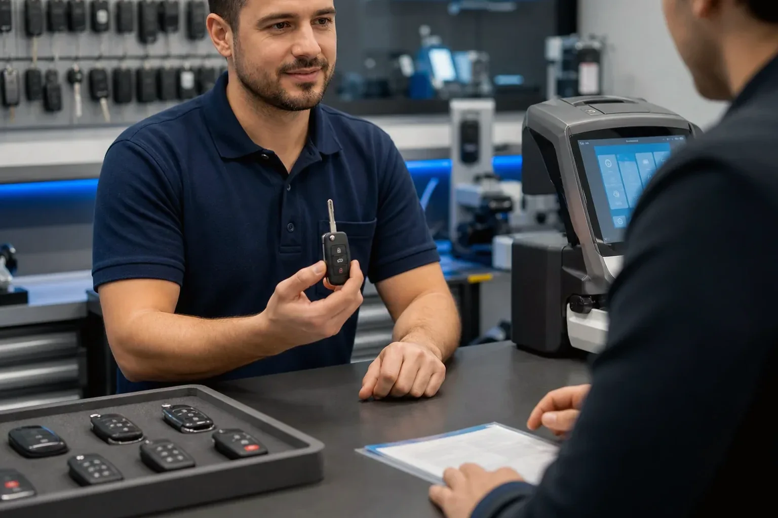 Chaveiro em Uberaba fabricando uma chave codificada em sua oficina.