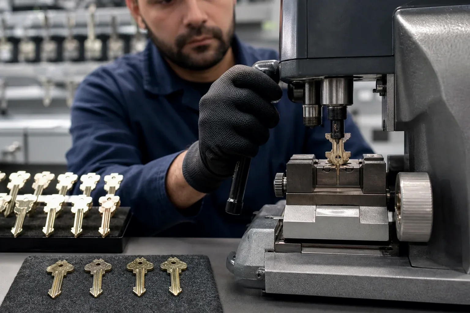 Chaveiro em Uberaba fabricando uma chave tetra utilizando equipamentos específicos.