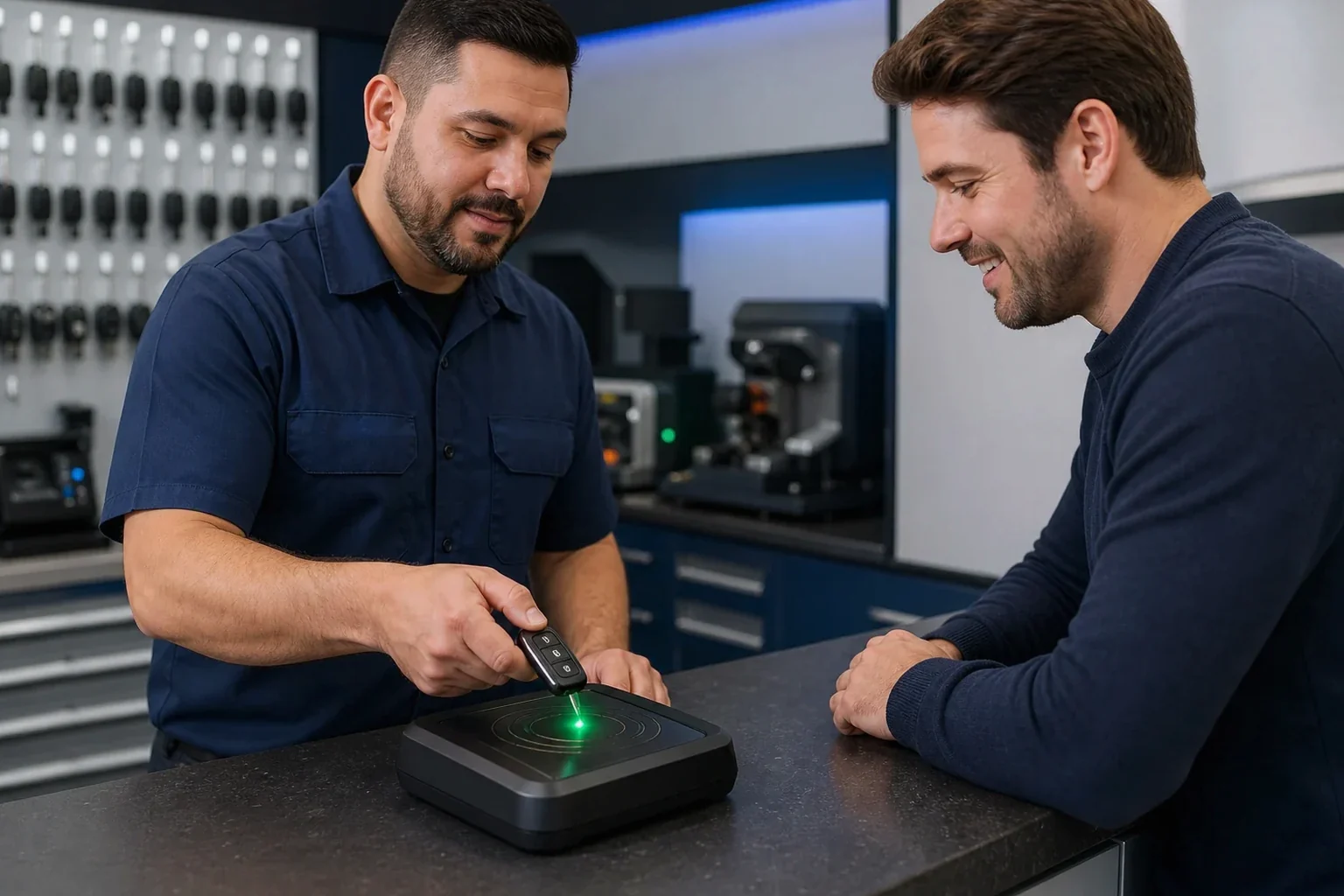 Chaveiro em Uberaba utilizando equipamento adequado para programar um controle remoto de veículo.